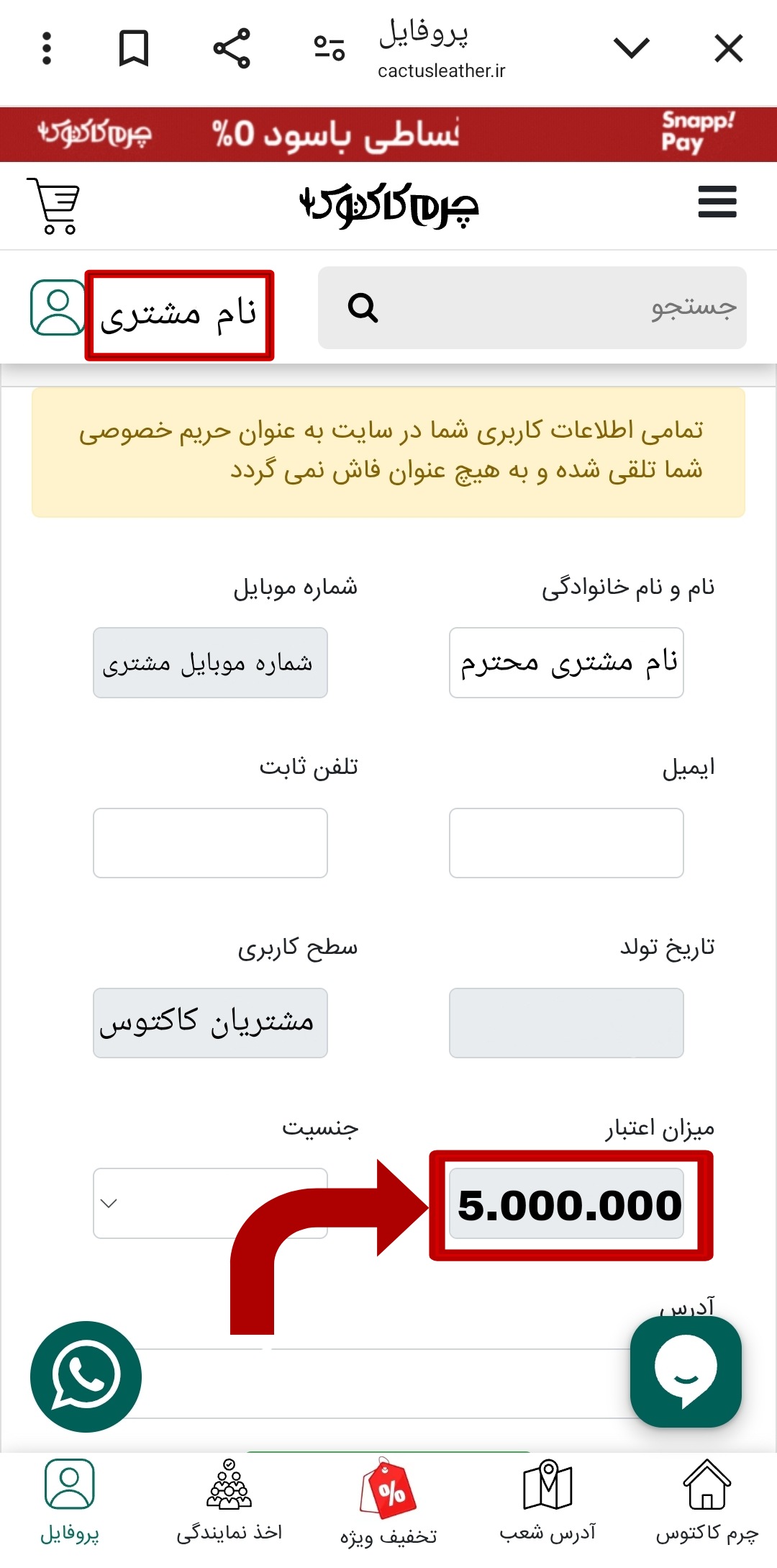 مشاهده اعتبار در پروفایل